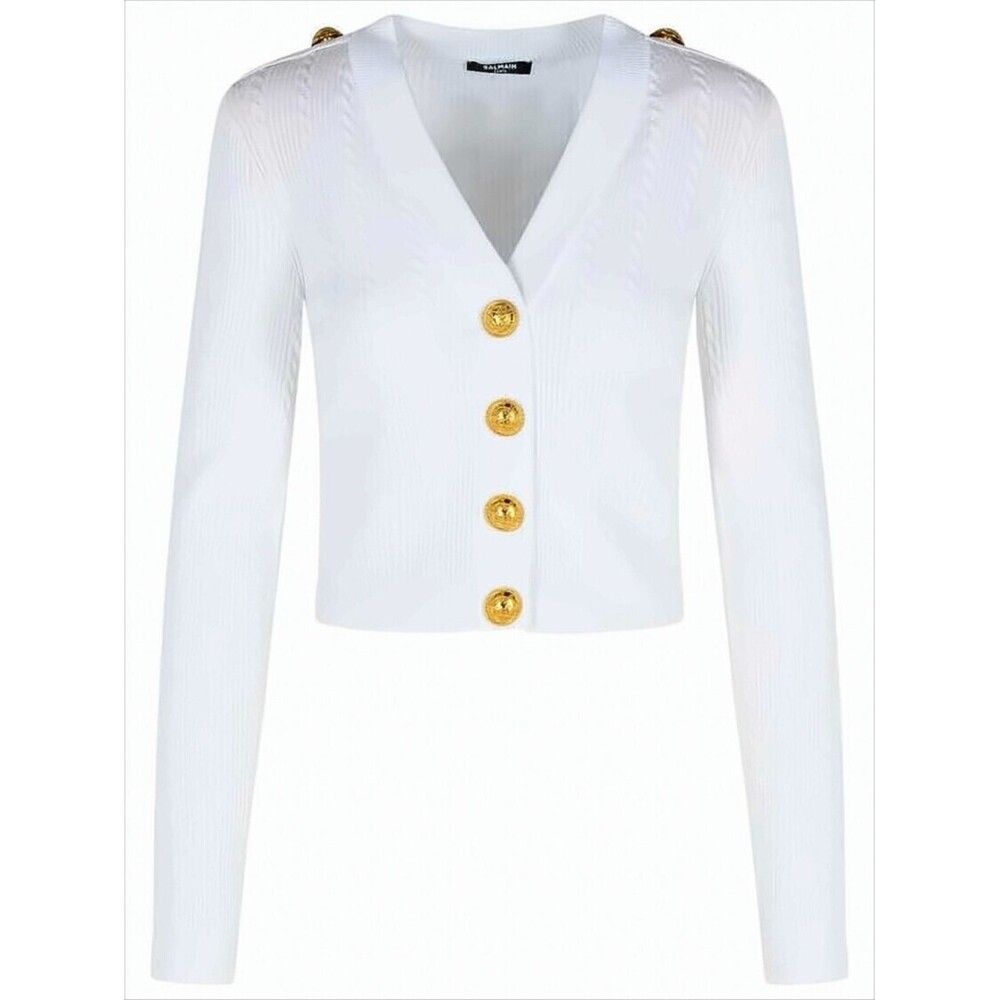 BALMAIN Cropped Textured Knit Cardigan with Gold-Tone Buttons